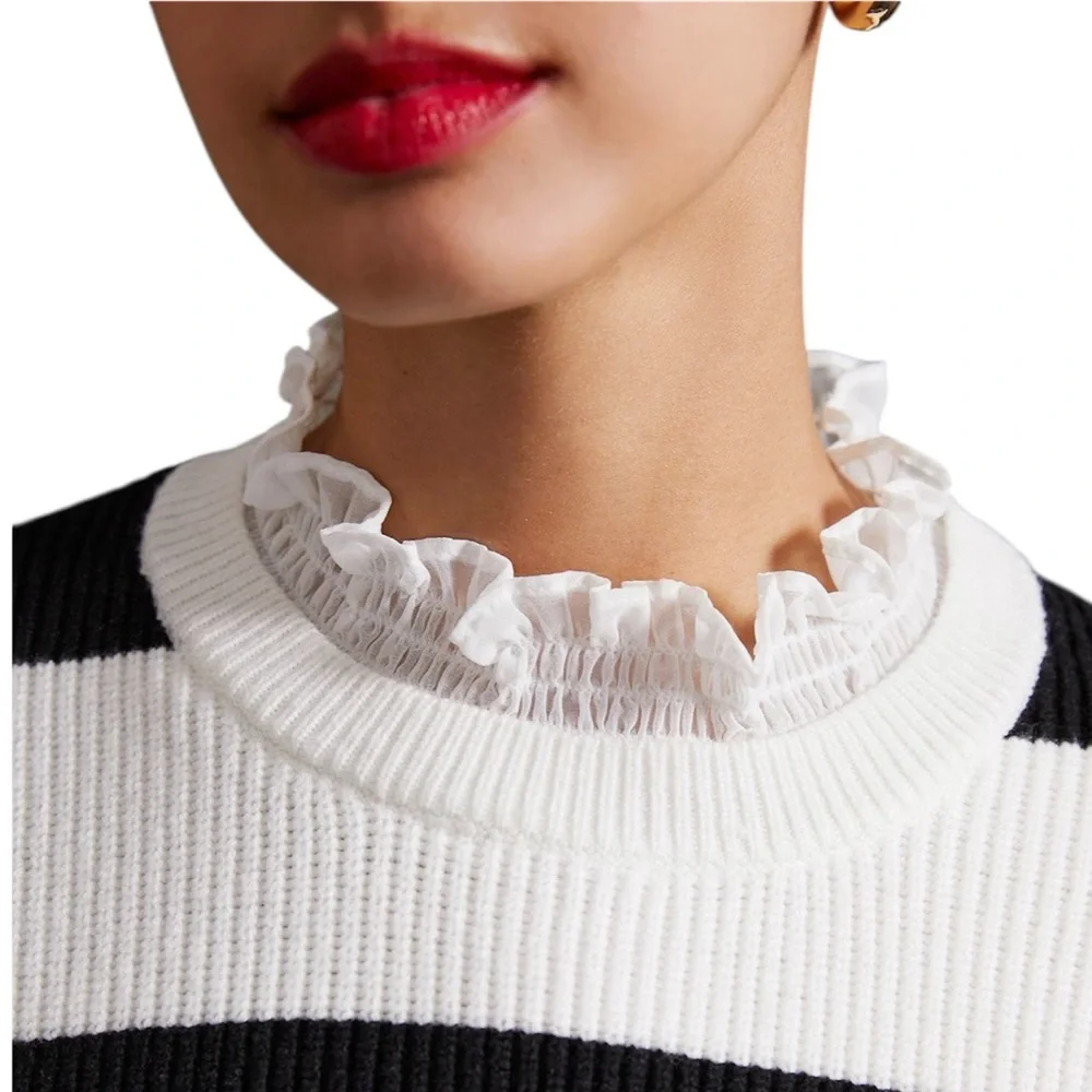 ANTHROPOLOGIE Ruffle Collar Sweater White Black Striped Pullover Medium NWT - Picture 2 of 13